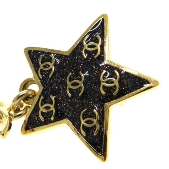 CHANEL CC Logos Black Star Drop Stud Earrings Gold Tone C24C Auth - Picture 6 of 9